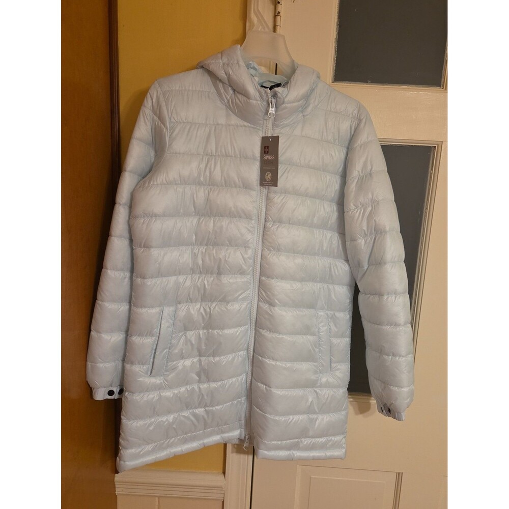 Swiss Tech Mid-Length Puffer Jacket Hooded Light Blue "Aqua Inlet" Size S NWT